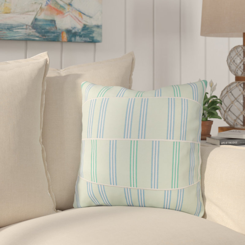 Coussin décoratif rayé carré, Médium, Menthe / blanc / bleu ciel / émeraude, Mélange de duvet