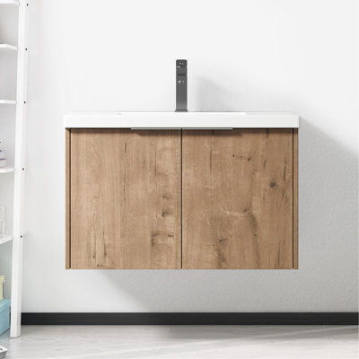 Meuble-lavabo de 76 cm avec lavabo - Étagère ouverte pour les articles de toilette, portes à fermeture douce, style moderne, poignée en contreplaqué imitation chêne rouillé, design, grand espace de rangement.