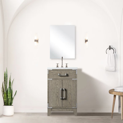 Meuble-lavabo simple en chêne gris avec comptoir en acrylique et miroir de 45,7 cm (18 po) – Nombreux rangements – Profondeur de 44,4 cm (17,49 po) – Double joint d’étanchéité et protection supplémentaire