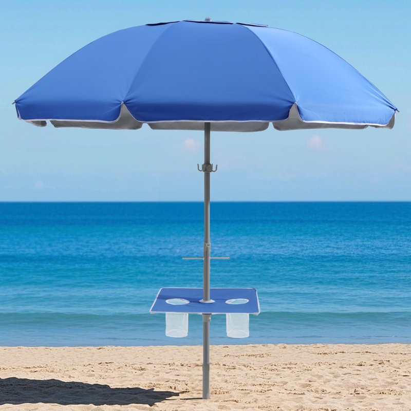 Parasol de plage de 84 po avec table intégrée avec ancre de sable et inclinaison, Bleu