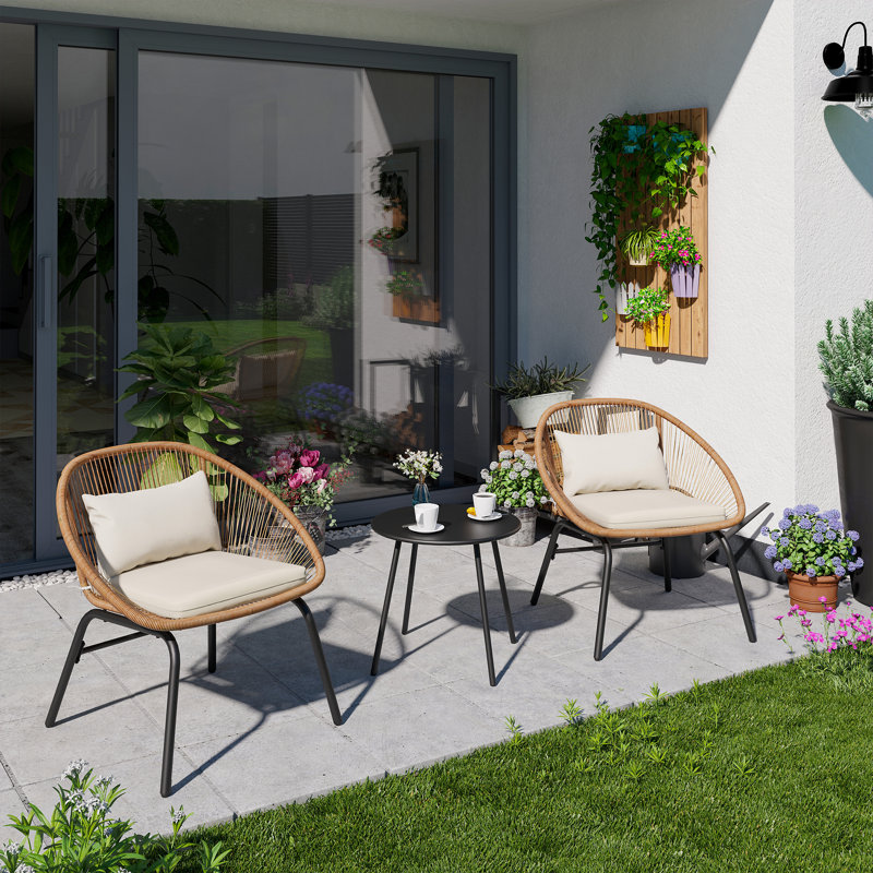 3 Piece Patio Bistro Rattan Chair & Table Set with Cushions, Off-White