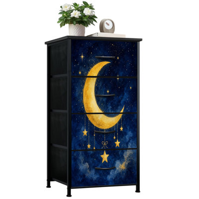 4 Drawer Vertical Storage Dresser Golden Crescent Moon Hanging Stars Starry Night Sky with Wood Top Fabric Pull Drawers
