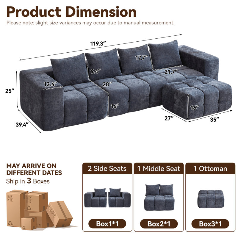 Boneless Modular Sofa Set With Ottoman, Compressed No-Frame Sectional, Blue Chenille, 25" H x 119.3" W x 39.4" D