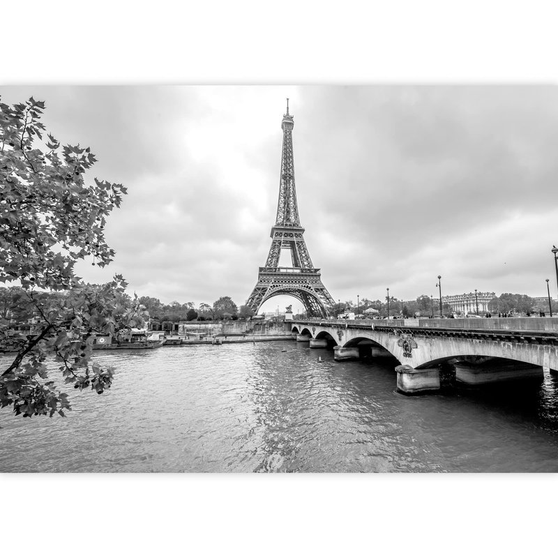 Paris Eiffel Tower from Seine Cityscape in Black and White Self-Adhesive Large Wallpaper, 100" L x 144" W