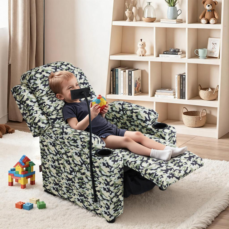 Kids Recliner Chair with Tablet Stand, Side Pockets and Cup Holders, Fabric, Camouflage
