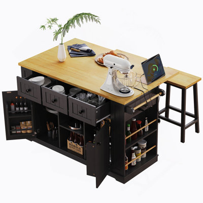 53inch Large Kitchen Island with Drop Leaf, Power Outlet, Door Internal Storage Rack, Rolling Kitchen Cart on 5 Wheels with 5 Open Side Racks for Kitchen, Dining Room (Not include bar stools)