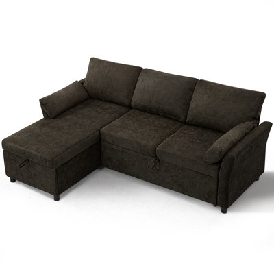 83" Chenille Pull Out Sofa Bed With Storage Chaise, Thicker And Soft Sleeper Sofa With Armrst Pillows For Living Room