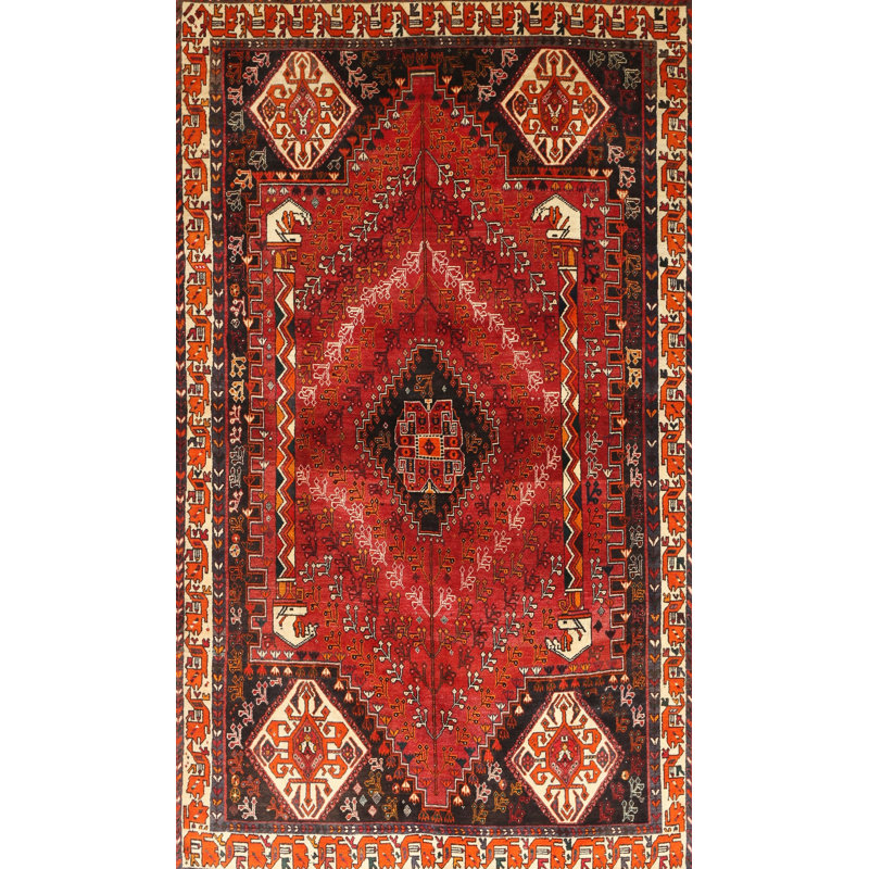 Tapis traditionnel rouge / beige / noir, Rectangle 6 pi x 9 pi