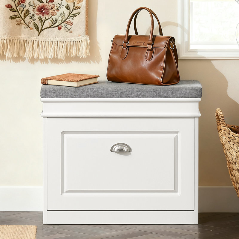 White Shoe Bench Wooden Storage Bench with Flip-Drawer – Upholstered Entryway Bench with Storage for Hallway, Bedroom, 20.47" H x 23.6" W x 9.45" D