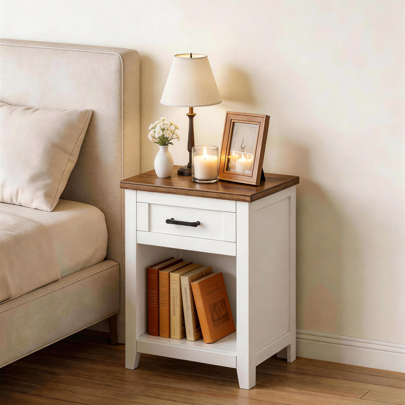 18'' Farmhouse Nightstand With Built-In Charging Station And USB-C Ports, Modern Two-Tone End Table In Pure White & Walnut