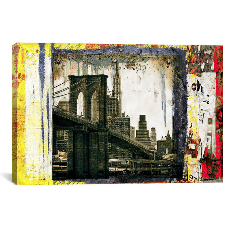«Pont Brooklyn Pancarte» par Luz, reproduction de photo sur toile, H 18 po x l 26 po x P 1,5 po, Toile tendue, Pas de tapis