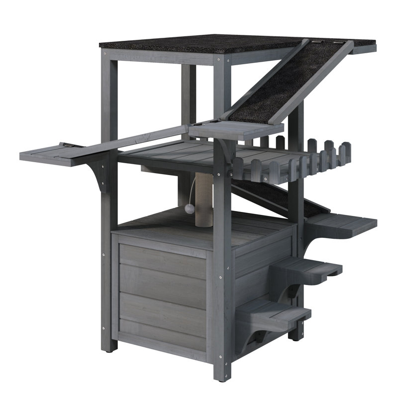 Maison pour chat à 4 niveaux avec toit et rampes imperméables, grande enceinte pour chat en bois résistant aux intempéries, abri pour chat à plusieurs niveaux