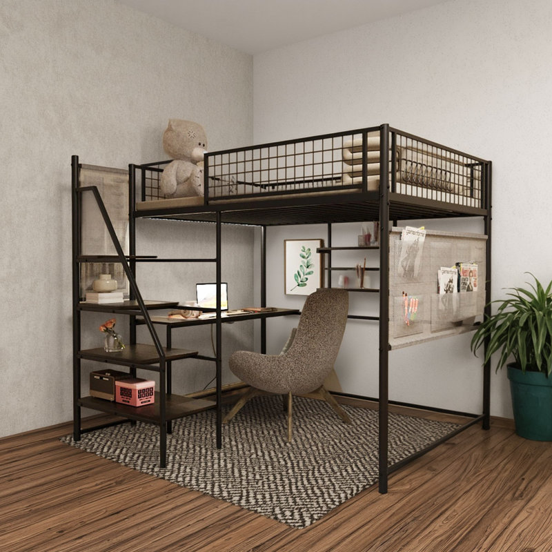 Full Size Metal Loft Bed For Bedroom/dorm With Charging Area And Led Light, Black
