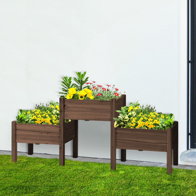 Lit surélevé pour plantes avec 3 boîtes, support en bois pour légumes, herbes, fleurs. Bois massif, trous de drainage, L 72,5 po x l 17,75 po x H 31,5 po, jardin 3 fleurs. Drainage,