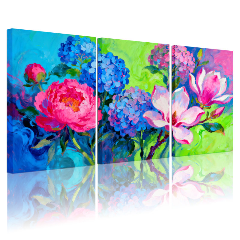 Plantes et fleurs, ensemble de 3 reproductions d'art sur toile, H 30 po x l 60 po