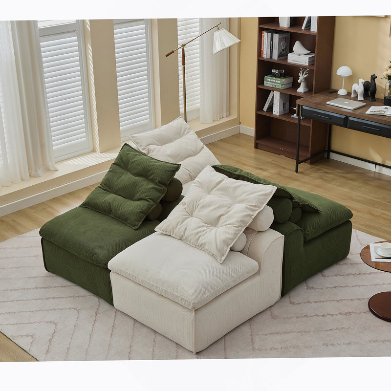 Canapé modulaire polyvalent avec revêtement en velours côtelé et coussins multiples pour la détente, Beige/vert