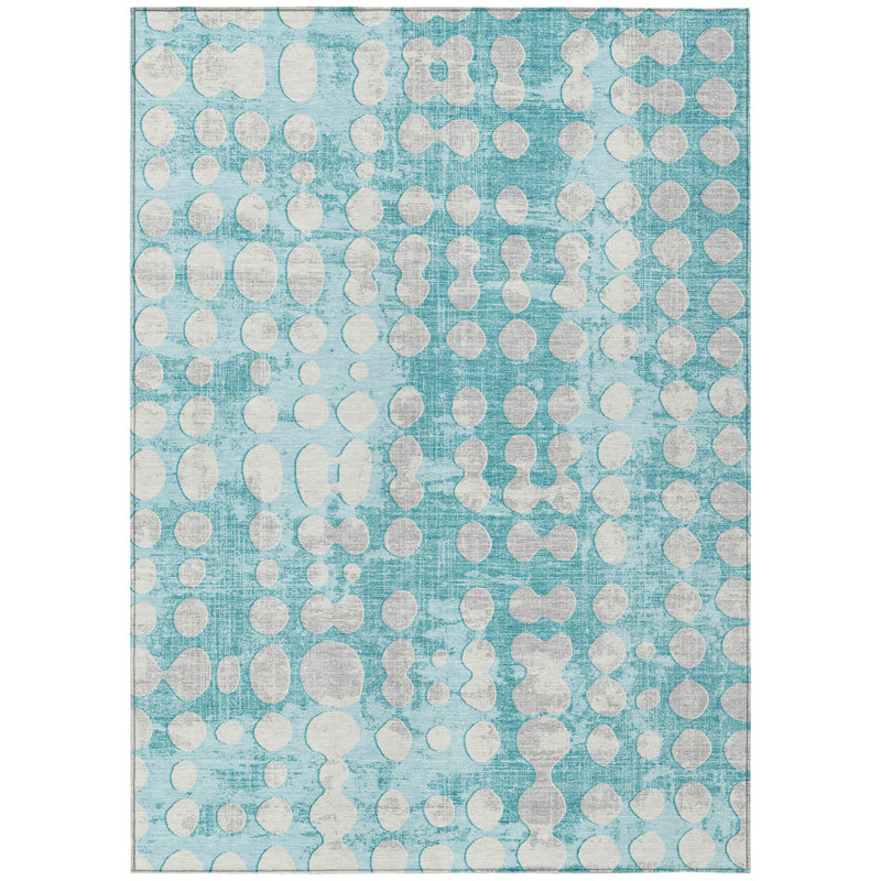 Tapis d'extérieur lavable abstrait bleu sarcelle et ivoire 8 pi x 10 pi