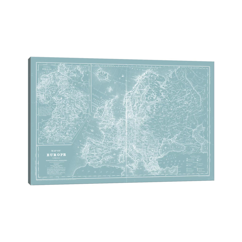 Map Of Europe On Aqua by Mitchell - Wrapped Canvas Gallery-Wrapped Canvas Giclée, 20.32 cm H x 30.48 cm W