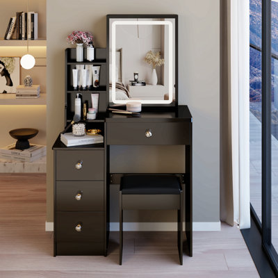 Petite coiffeuse de 29,2 po avec tabouret de chevet gauche + grand tabouret rembourré, commande tactile, interrupteur tricolore, miroir à luminosité réglable, rangement grande capacité, convient aux petits espaces