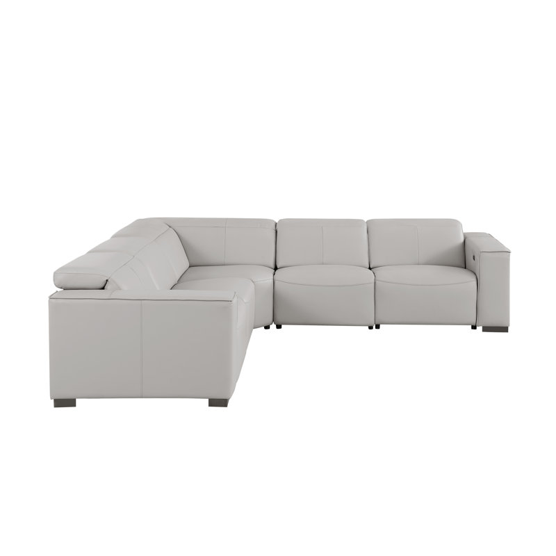 Luxurious Genuine Leather 5-Piece Sectional With 3 Power Reclining Seats & Power Headrest, Light Gray