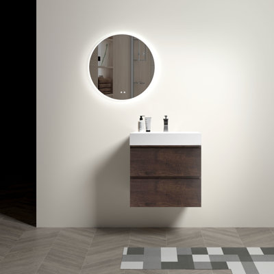 Meuble de salle de bain 24 po en noyer - Meuble-lavabo avec grand rangement, lavabo blanc, tiroirs lisses silencieux, noyer pré-assemblé, lavabo Max, fonctionnement, poignée, sans robinet ni bonde