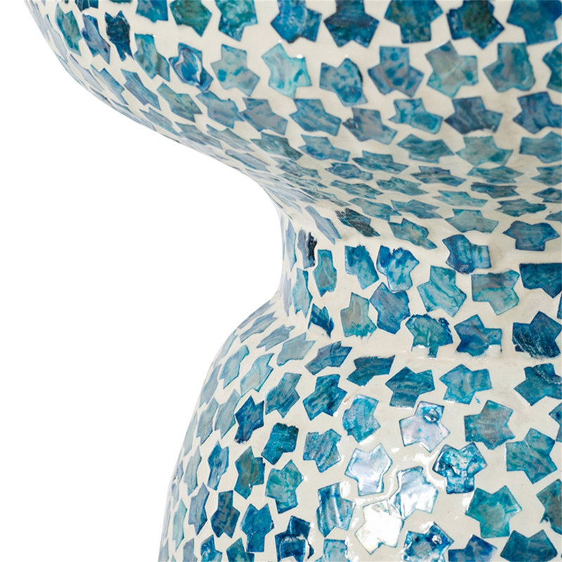 D15x16" Capiz Garden Stool Small Side Tabel, Blue Accent Round End Table