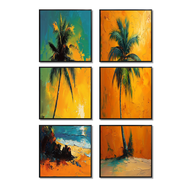 Green Palm Trees Vibrant Palm Grove - Ensemble de 6 décorations murales palmiers et palmiers, Noir
