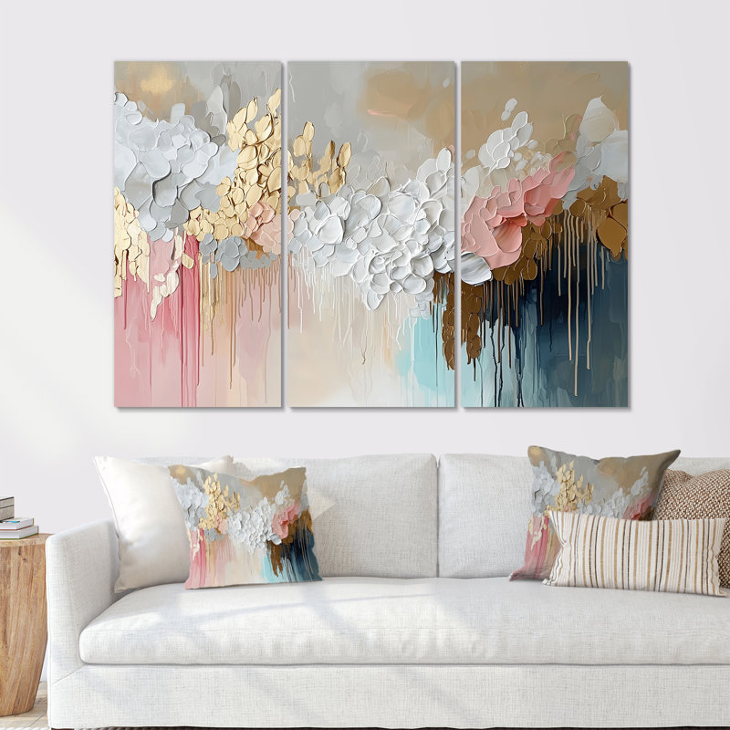 «White and Gold Brushstroke Abstract Paint III», ensemble de salon d'art mural à collage abstrait, Métal métal