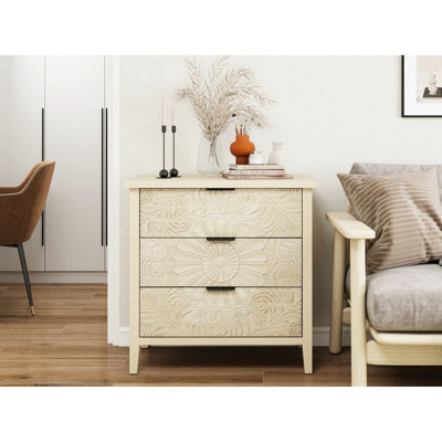 3 Drawer Cabinet, American - Inspired Furniture For Bedroom, Living Room, Study, With Smooth Functioning Bottom Slide Rails, Charming Black Pattern Handles, Non Slip Foot Pads, Lock Wall Parts And