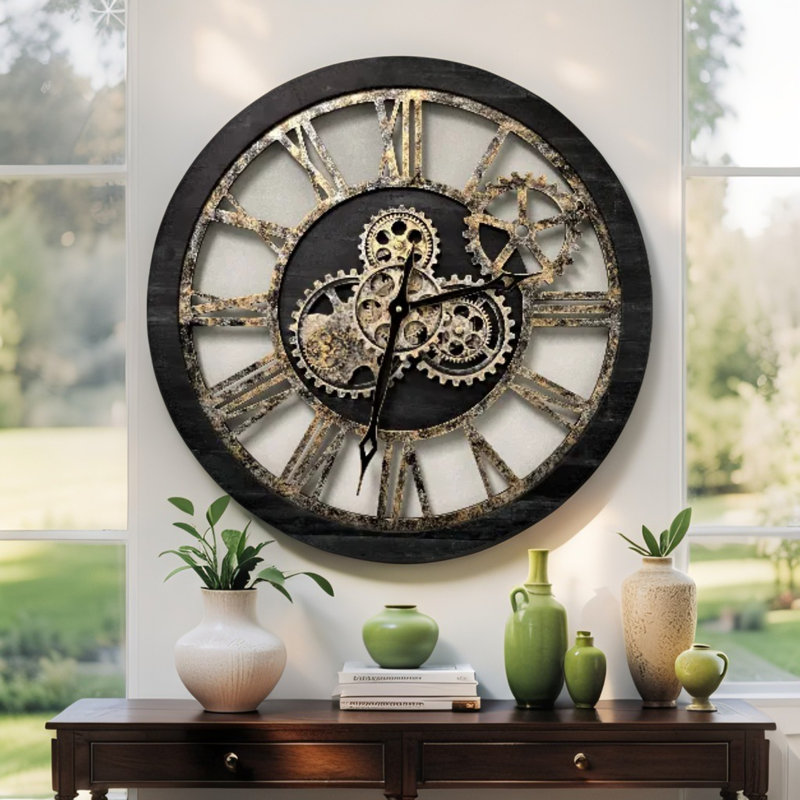 Horloge murale ronde surdimensionnée de 24 po pour le salon avec la collection America, Noir rétro