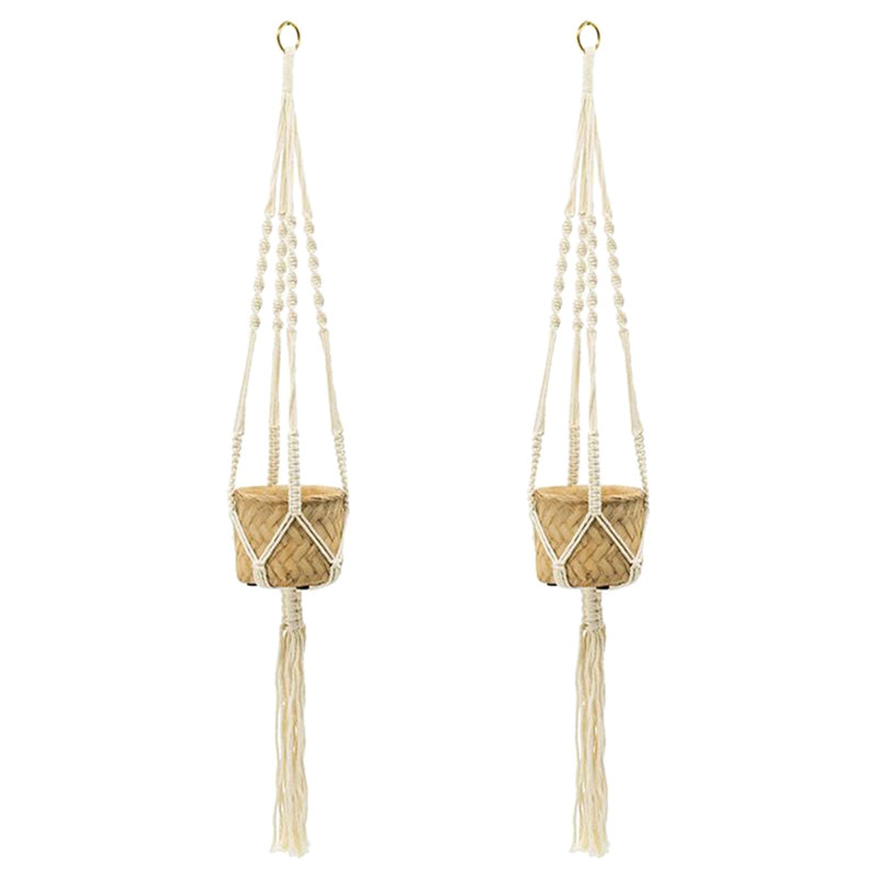 Ensemble de 2 pots à fleurs suspendus avec support en coton, pot de style bohémien 5 po x 5 po x 4,5 po, panier à fleurs tissé de 21 po avec support en macramé et pampille