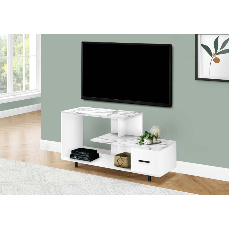 Meuble télé, console de 48 po, meuble multimédia, tiroir de rangement, salon, chambre à coucher, stratifié aspect marbre, moderne