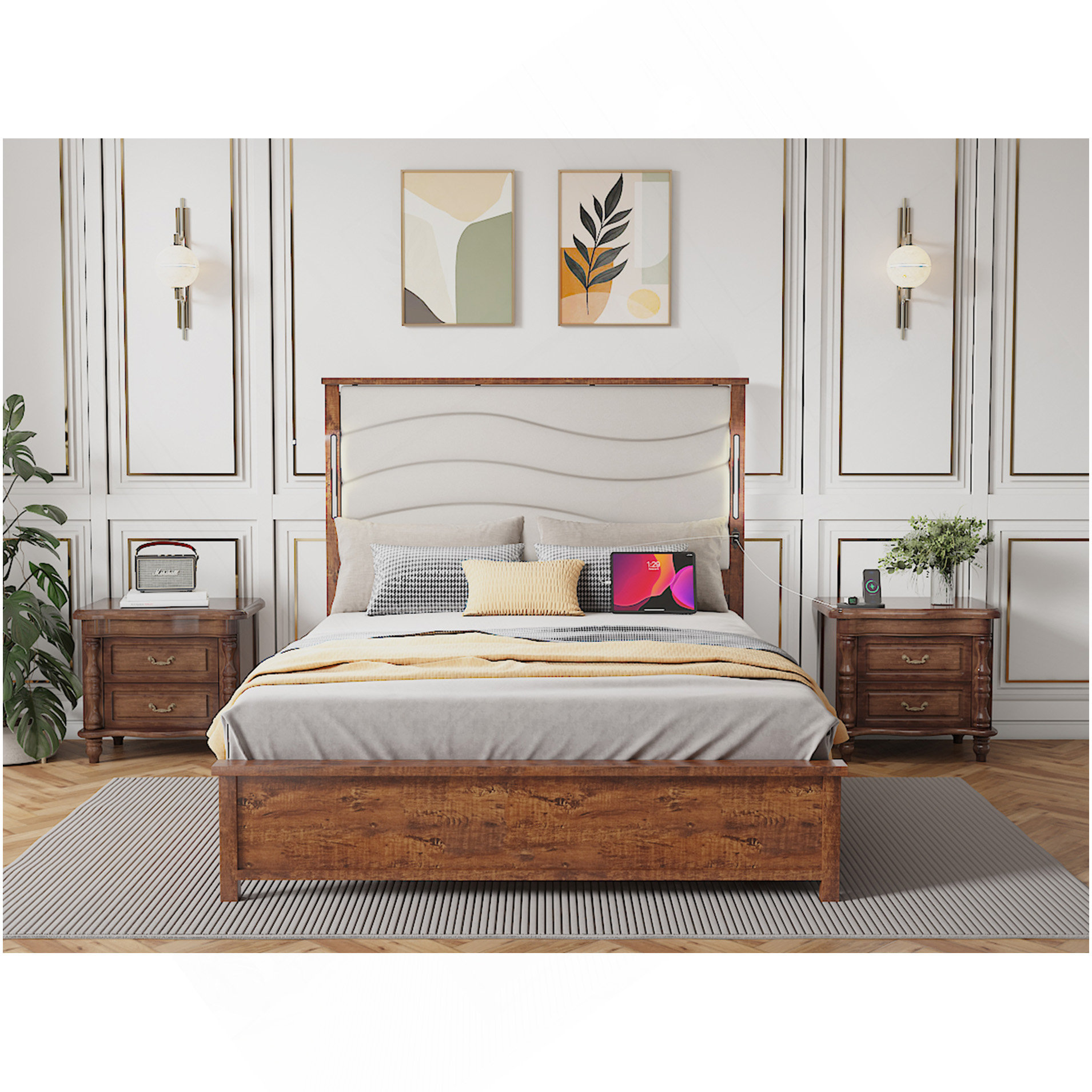 Ebern Designs Queen Size Bed Frame With Upholstered Headboard, Queen ...