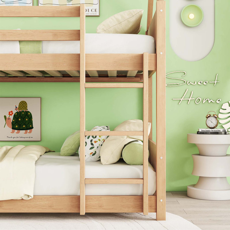 Sturdy and Versatile Twin Over Twin Bunk Bed with Safety Features and Space Optimization, White Oak