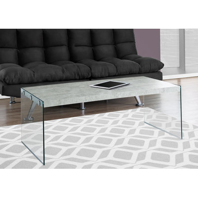 Table basse, accent, cocktail, rectangulaire, salon, L 44 po, stratifié gris, verre trempé transparent