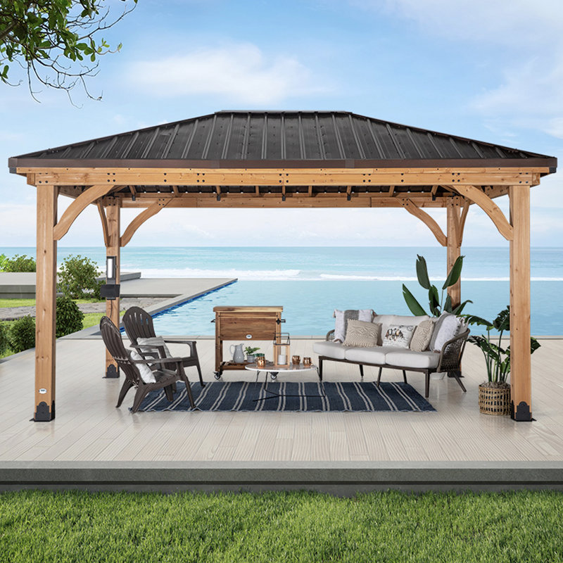 Backyard Discovery Barrington 16' x 12' Cedar Wood Outdoor Patio Gazebo with Hardtop Galvanized Steel Hip Roof and PowerPort