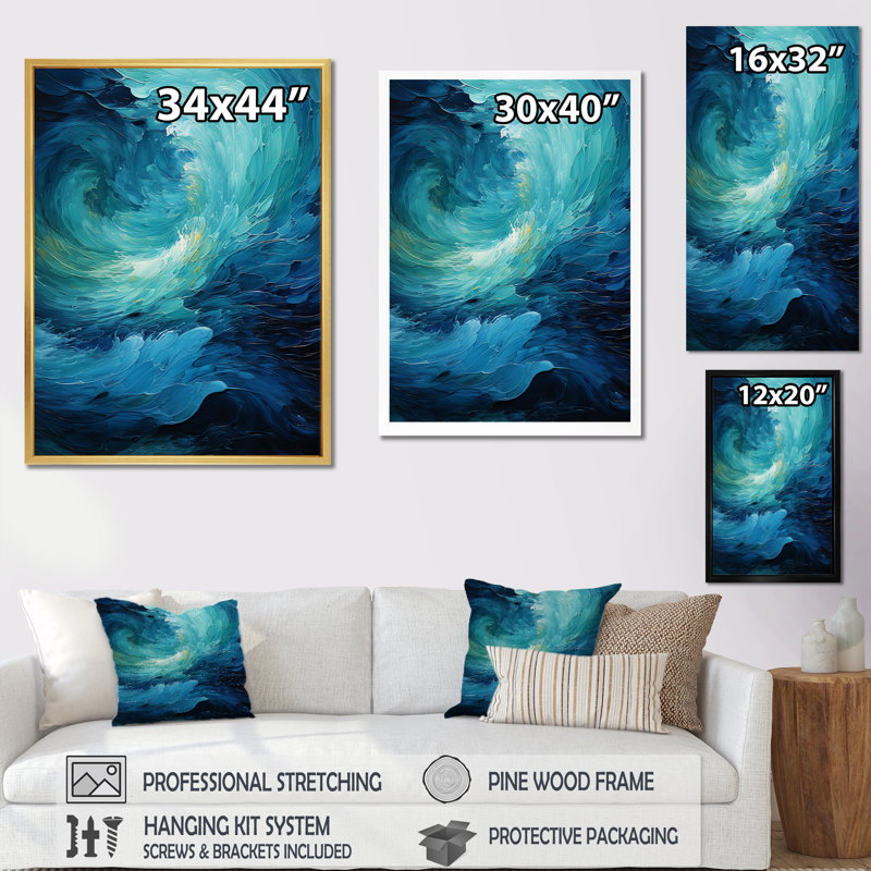 Turquoise bleu et blanc Serenity Swirl II - spirales abstraites, art mural, H 40 po x l 30 po x P 1,5 po, Toile tendue