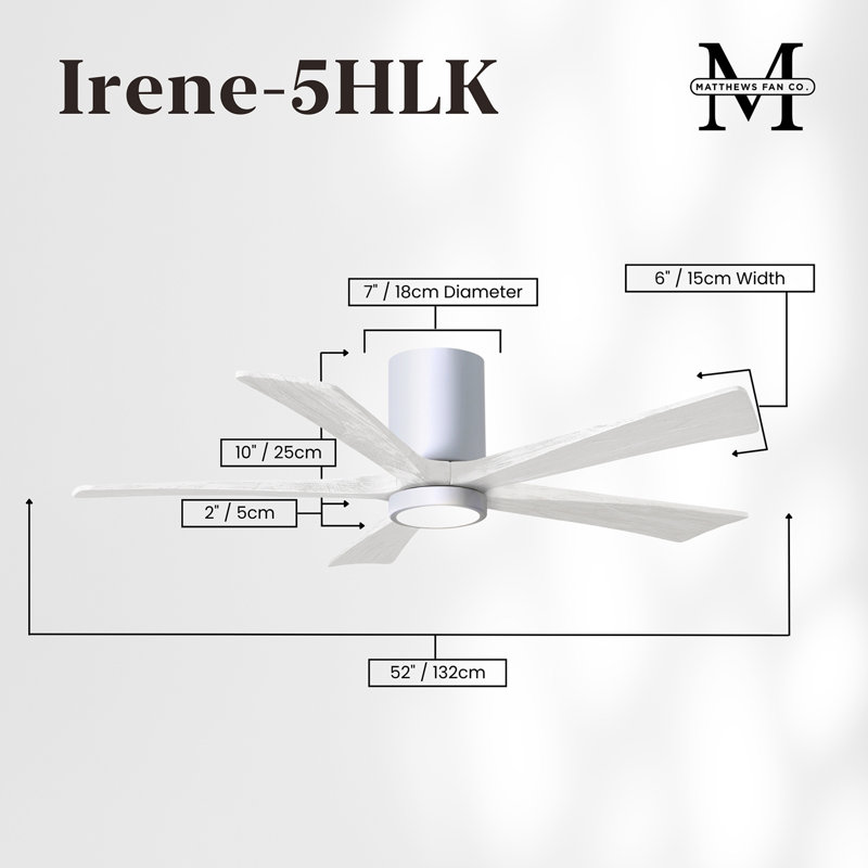 Irene Flushmount Light Kit 5 Blade LED Ceiling Fan, Gloss White, 52", Matte White