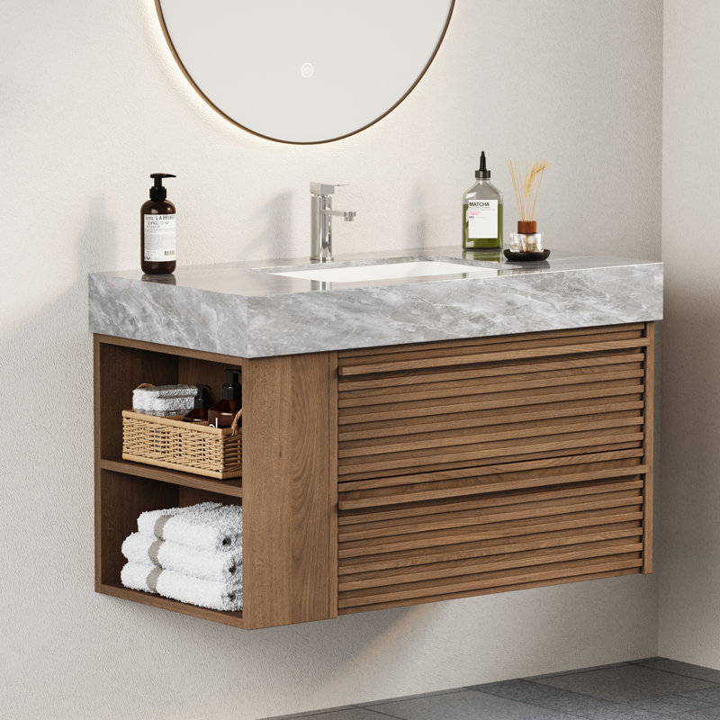 Meuble-lavabo flottant avec tiroirs et tablettes ouvertes 36 po, brun, Brun