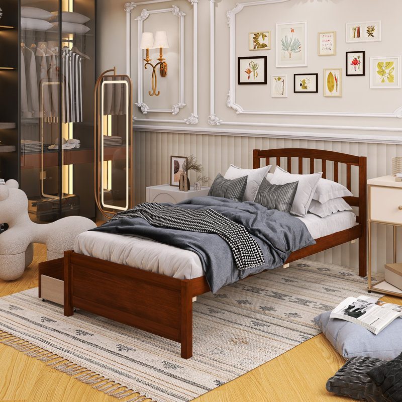 Lit plateforme simple en bois avec deux tiroirs et tête de lit, Walnut