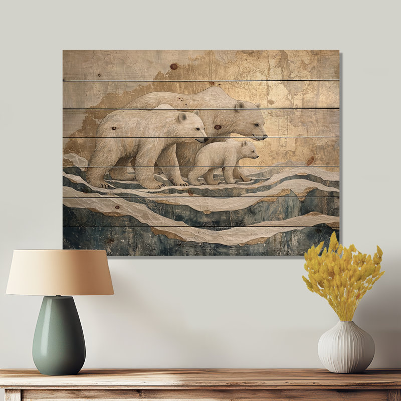 Ours sur un glacier dans un paysage de Norvège III - Art mural en bois d'ours - sur bois de pin naturel