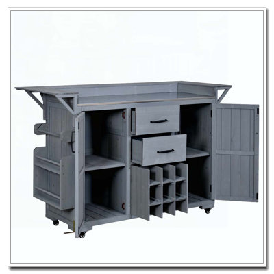 Modern 60.2''W Outdoor Kitchen Island with Wheels, Rolling Patio BBQ Kitchen Cart with Stainless Steel Top