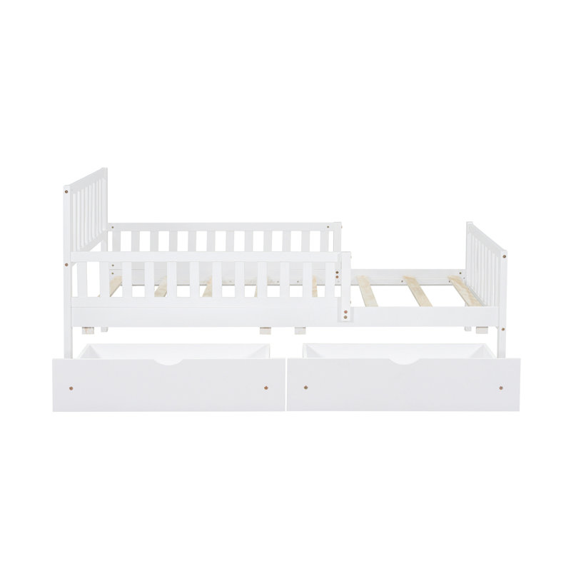 Lit plateforme simple en bois avec garde-corps des deux côtés et deux tiroirs de rangement, blanc, Lit simple, Blanc