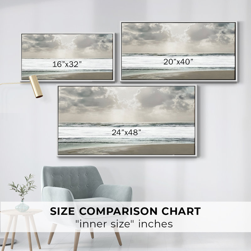 Calm Shores - Toile tendue avec châssis encadré - Prêt à être accroché, H 17 po x l 33 po, Blanc