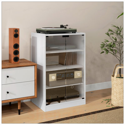 Modern 4-Tier Stereo Cabinet with Tempered Glass Doors and Adjustable Shelves for Audio Video Storage, Distressed Finish