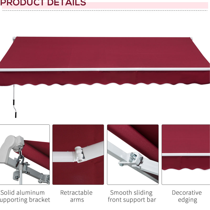 Auvent rétractable rouge, abat-jour de patio 12 pi x 8 pi. Tissu 280G / M et eau, structure en aluminium pour terrasse, balcon, auvent de jardin rétractable, abat-jour avec manivelle. Cour,