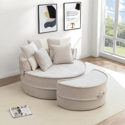 Oversized Round Accent Barrel Chair With 5 Pillows Soft Velvet Upholstered Armchair Lazy Lounge Sofa With Ottoman
