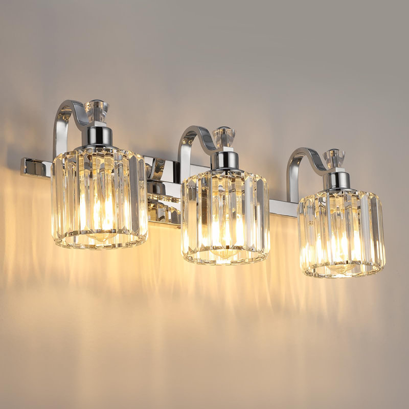 3 lumières de salle de bain en cristal pour salle de bain, luminaires de salle de bain sur miroir en acier inoxydable chromé