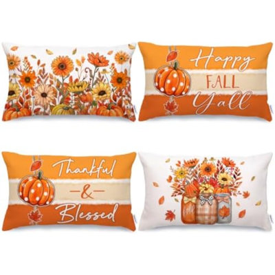 Coussin décoratif d'automne 12 x 20 pouces, ensemble de 4 pots de fleurs Mason Happy Fall Y'all Thankful & Blessed Orange