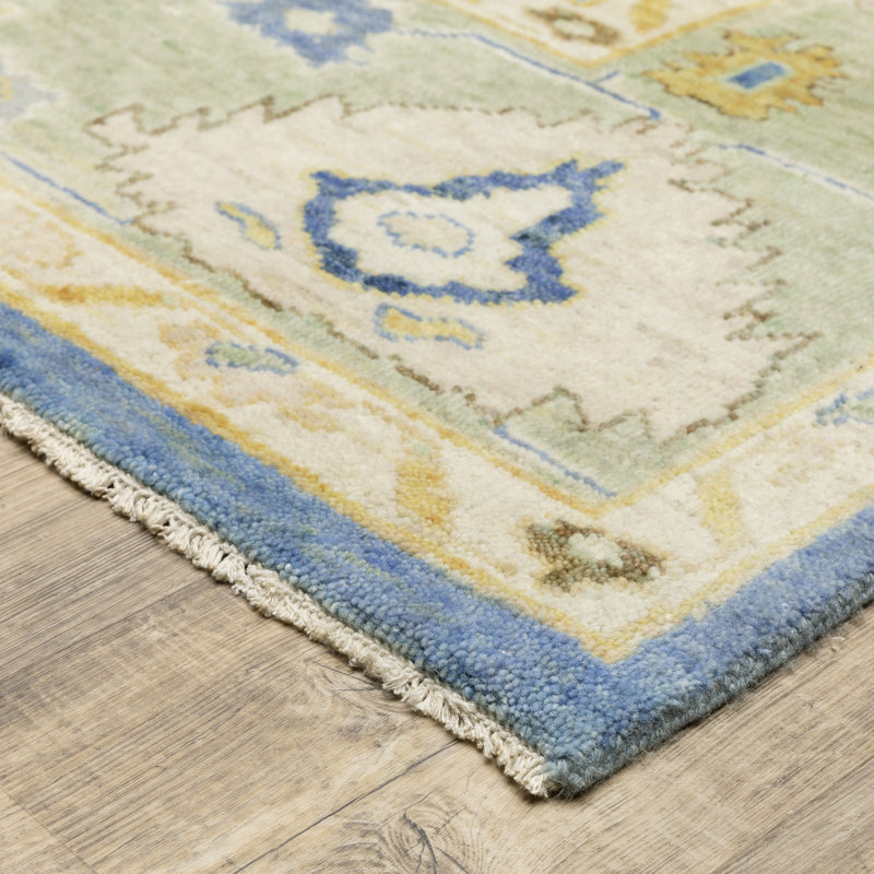 Tapis bleu / vert en laine noué à la main Presley, Rectangle 6 pi x 9 pi